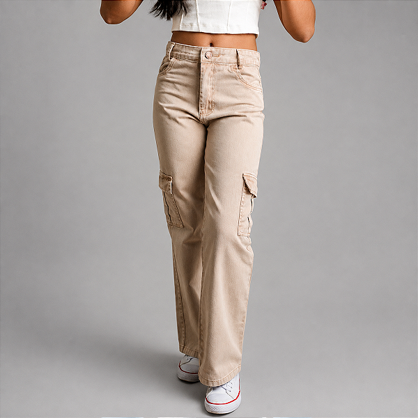 Calça Cargo Jeans Juvenil Bege