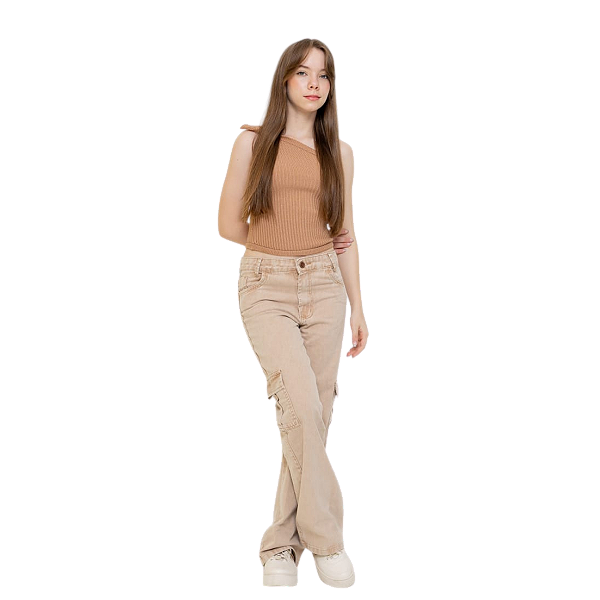 Calça Cargo Jeans Infantil Juvenil Meninas Ajuste Interno
