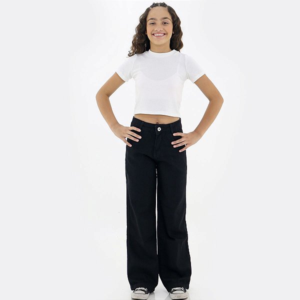 Calça Preta Wide Leg Tecido Pantalona Ajuste Interno Menina