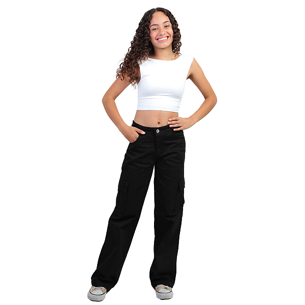 Calça Cargo Wide Leg Preta Tecido Menina Larguinha Infantil