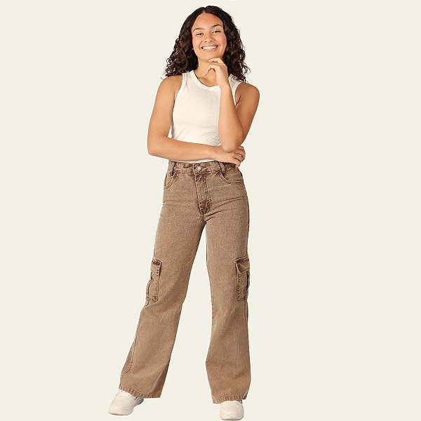 Calça Cargo Jeans Infantil Juvenil Meninas Ajuste Elastico