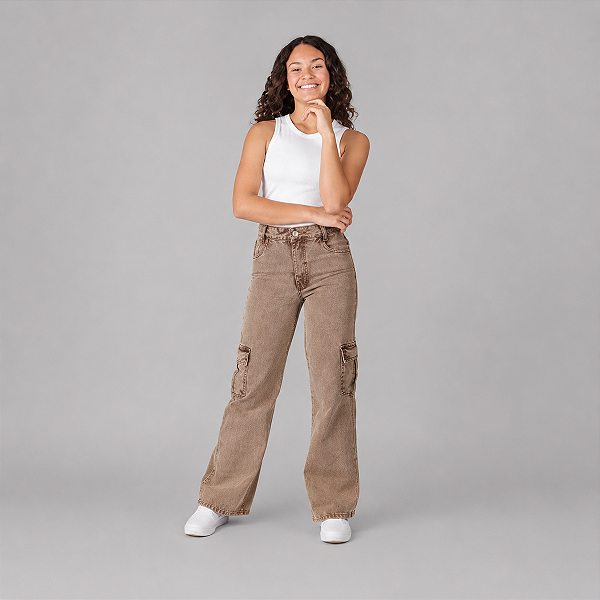 Calça Cargo Jeans Juvenil Marrom