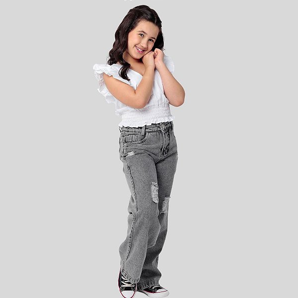 Calça Cargo Jeans  Wide Leg Preta Menina Larguinha Infantil