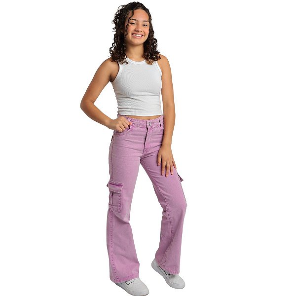 Calça Cargo Wide Leg Jeans Colorido Infantil Juvenil Menina