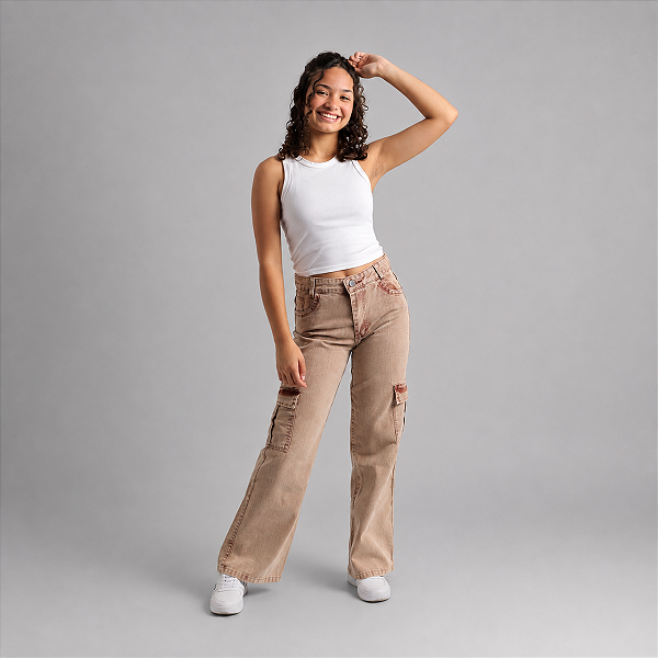 Calça Wide Leg Cargo Jeans Juvenil Vinho