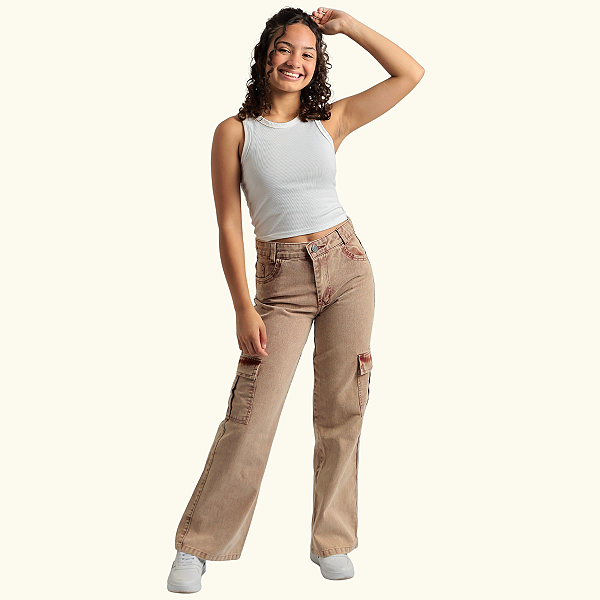 Calça Wide Leg Cargo Jeans Colorido Infantil Juvenil Menina