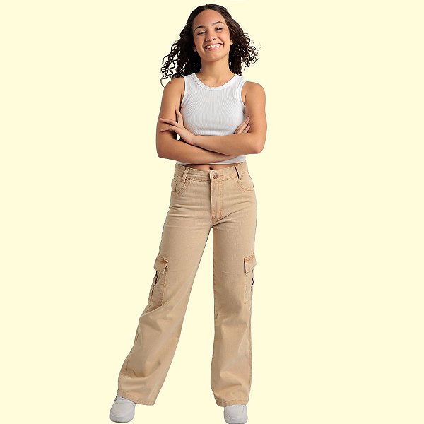 Calça Cargo Jeans Wide Leg Roupa Infantil Juvenil Feminina
