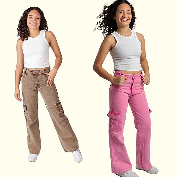 KIT Duas Calças Jeans Bolso Cargo Wide Leg Infantil Menina