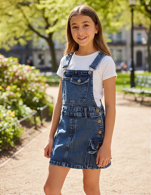Jardineira Macacão Jeans Saia  Meninas Infantil Azul Escura
