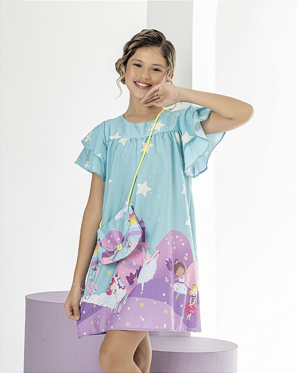 Vestido Infantil com bolsa Sonhar Verde Água