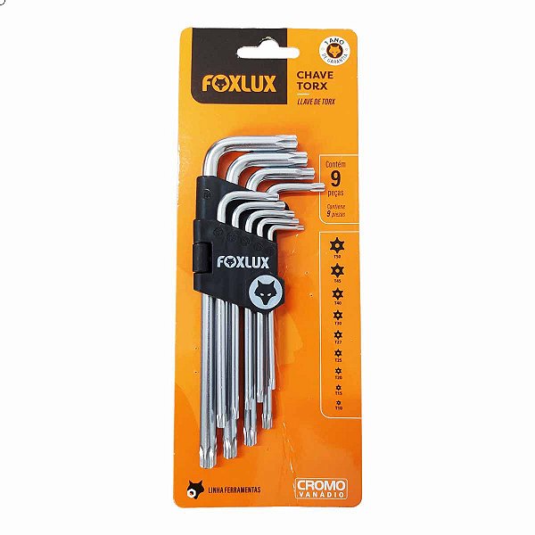 Jogo Chave Torx Tipo L T-10 a T-50 9 Peças com Furo FOXLUX