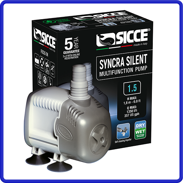 SICCE BOMBA SYNCRA 1.5 EXT/INT - 1350 l / h - H.Máx 1.8 m - 23 W - 220 V Comp. 10,3cm / Larg. 6cm / Alt. 7,7cm