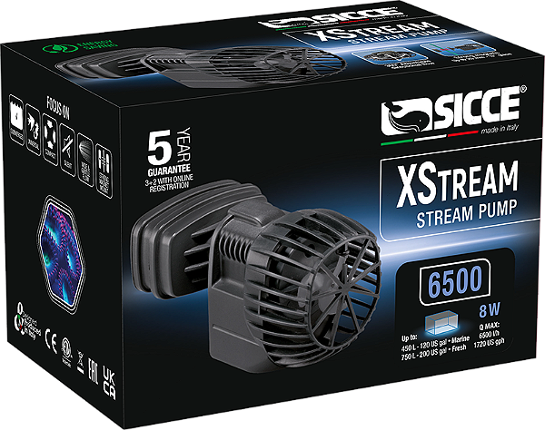 SICCE BOMBA WAVE MAKER XSTREAM 6500 - 6500 l / h - 8 W - 220 V - Ímã até 20 mm - Cabo: 2,2m Comp. 10,6cm / Larg. 6cm / Alt. 6,6cm