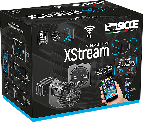 SICCE BOMBA WAVE MAKER XSTREAM SDC 8500 - 1000 a 8500 l / h - 12 W - Bivolt - Ímã até 20 mm Cabo: 2,2m Comp. 10,6cm / Larg. 6cm / Alt. 6,6cm