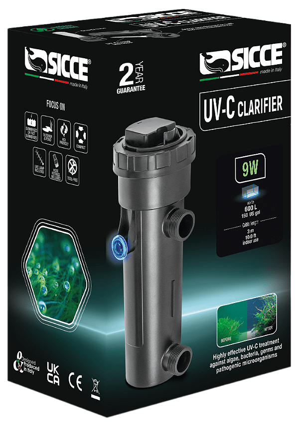 SICCE FILTRO UV-C CLARIFIER 9W - Uso c / bombas de 400 a 800 l / h - 9 W 220 V - Cabo: 3m Comp. 10,52cm / Larg. 10,55cm / Alt. 28,9cm