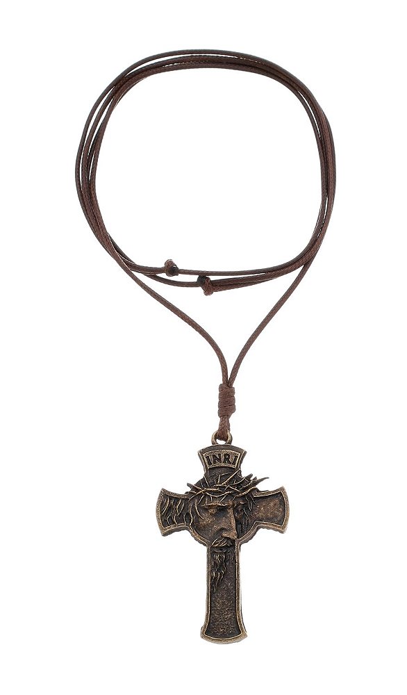 Cordão Face de Cristo Marrom – Crucifixo Ouro Velho com Cordão Regulável