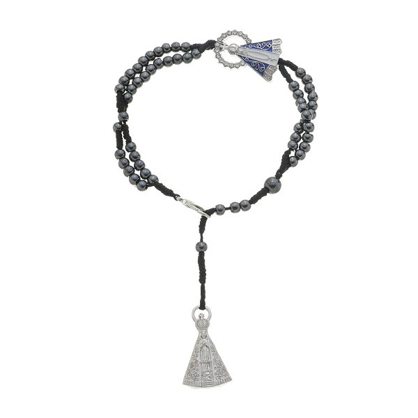 Terço de Pulso de Nossa Senhora Aparecida em Metal Prata - Hematita