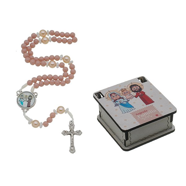 Terço infantil da Sagrada Família com caixa - Bege