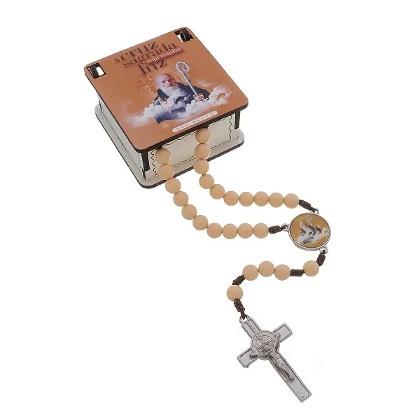 Terço de São Bento com Porta-Terços em MDF - Creme