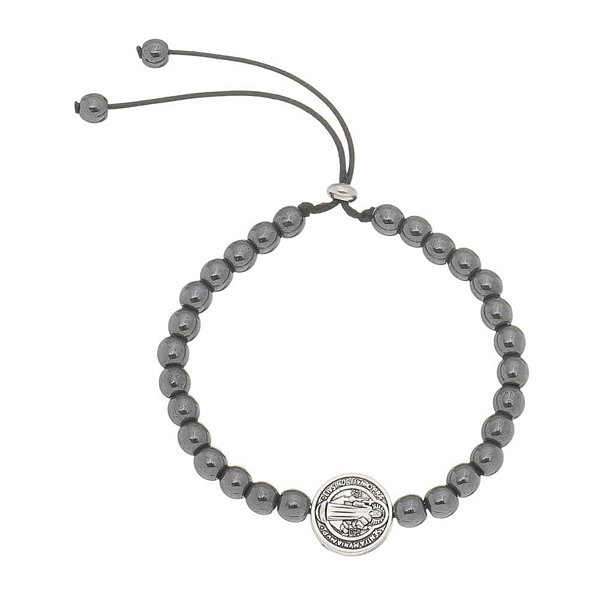 Pulseira com Medalha de São Bento e Contas em Hematita - Prata