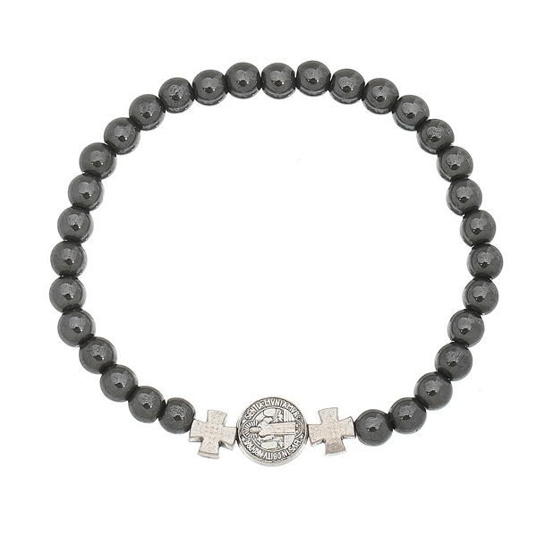 Pulseira com Medalha de São Bento e Contas em Hematita - Elástico