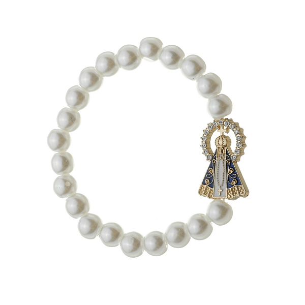 Pulseira de Nossa Senhora Aparecida com Elástico e Conta Pérola - Branco