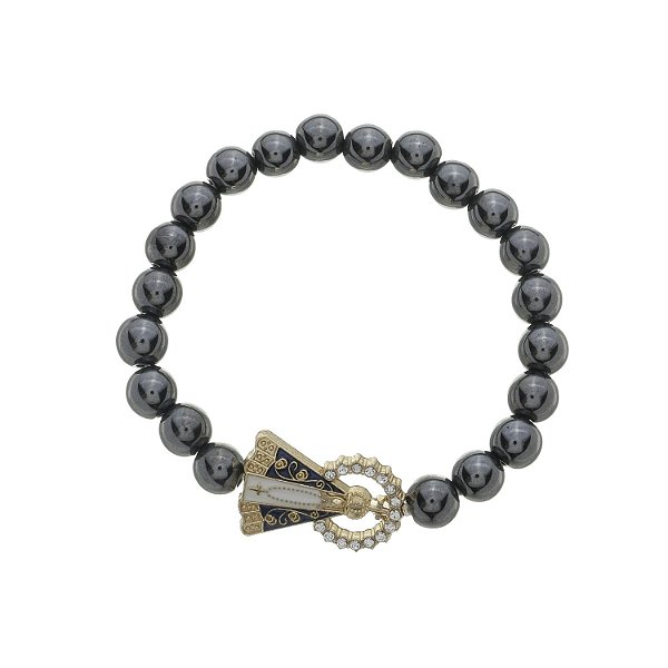 Pulseira de Nossa Senhora Aparecida com Elástico e Conta Pérola - Hematita