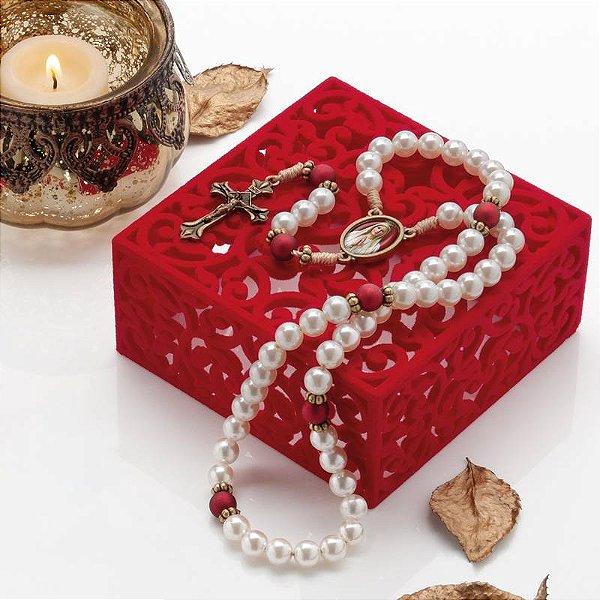 Terço Perola 8mm Cordão Madeira Vermelho - Eu Rezo pelos meu Filho!