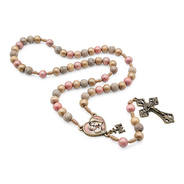 Terço Contas Madeira 8mm Colorido com Cordão Rosa Claro Mãe de Todas as Mães