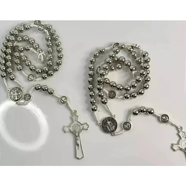 Terço São Bento com Medalhas – Prateado e Hematita | Artigo Religioso de Fé e Proteção