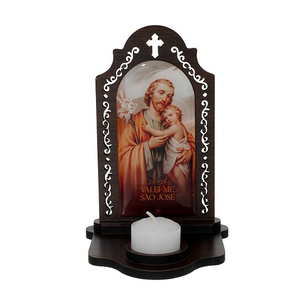 Capela São José com Porta-Vela em MDF 16,3cm – Imagem Resinada com Vela Inclusa