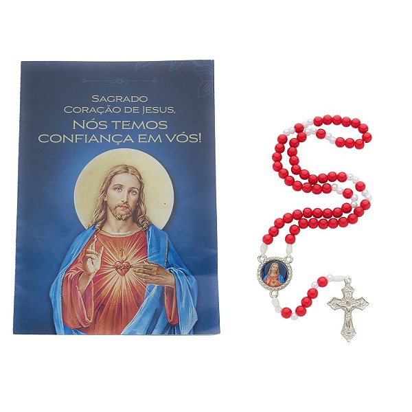 Terço com Folheto do Sagrado Coração de Jesus - Vermelho