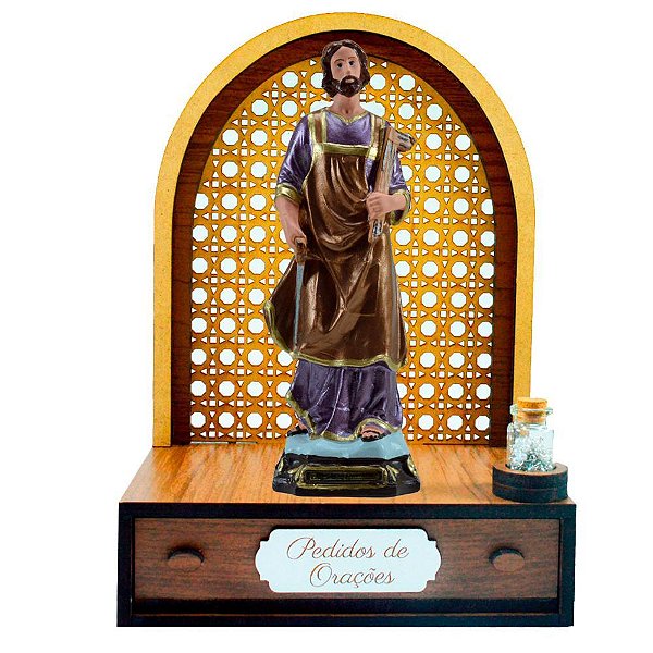 ALTAR COM GAVETA DE PEDIDOS DE ORAÇÃO + IMAGEM DE SÃO JOSÉ OPERÁRIO (22 CM) + TERÇO GRÁTIS NA GARRAFINHA