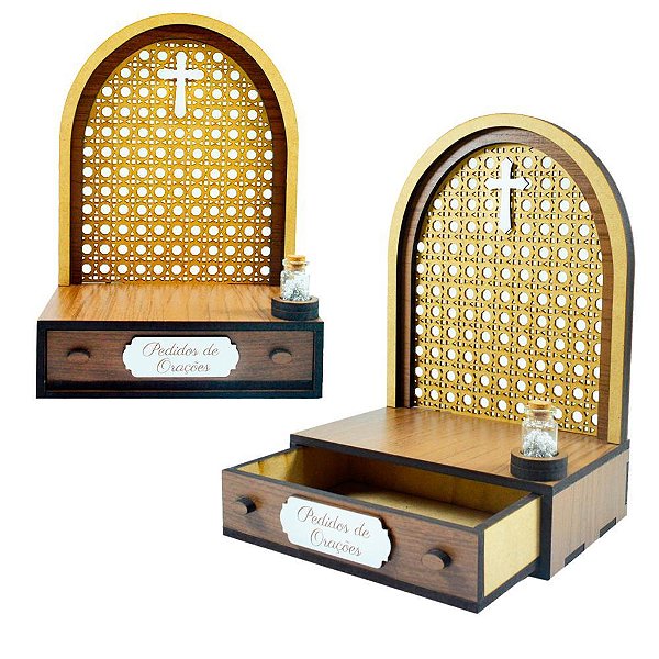 ALTAR EM MDF COM GAVETA “PEDIDOS DE ORAÇÕES” (ATÉ 24 CM) + TERÇO GRÁTIS NA GARRAFINHA