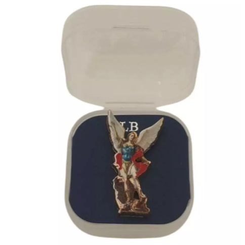 Broche São Miguel Arcanjo Luxo - Metal Dourado e Imagem Colorida