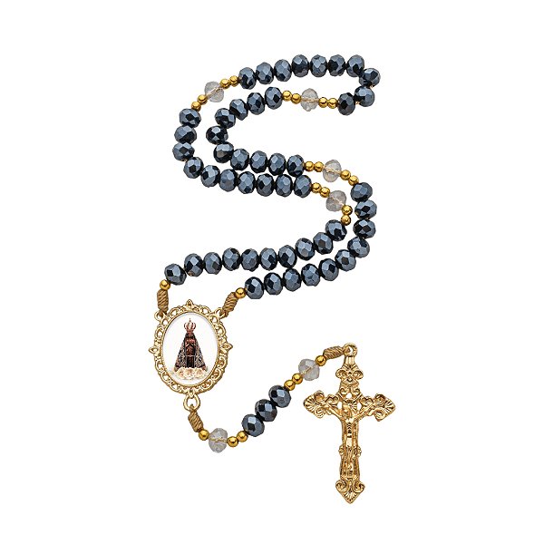 TERÇO CRISTAL LUXO NOSSA SENHORA APARECIDA + SAQUINHO DE JUTA DOURADO