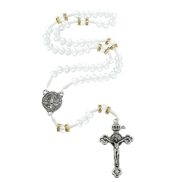 KIT Terço da Medalha de São Bento com Detalhes em Strass Cristal Translúcido + Porta Terço Especial Mãe