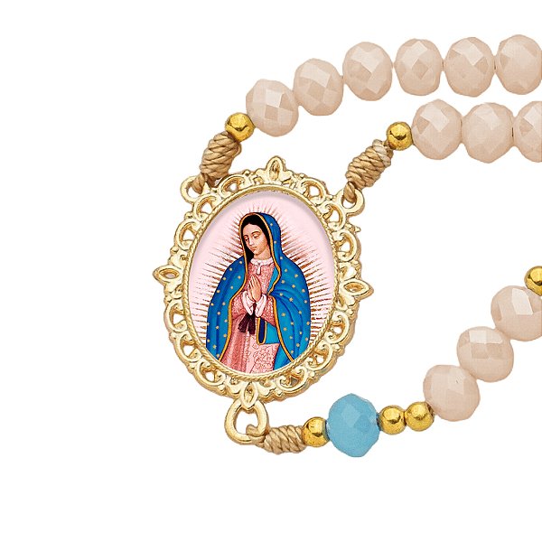 TERÇO CRISTAL LUXO NOSSA SENHORA DE GUADALUPE + SAQUINHO DE JUTA DOURADO