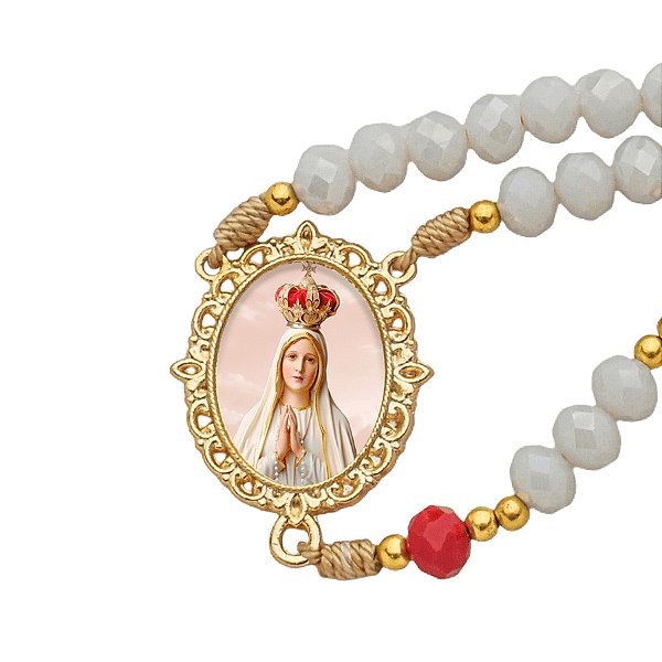 TERÇO CRISTAL LUXO NOSSA SENHORA DE FÁTIMA + SAQUINHO DE JUTA DOURADO