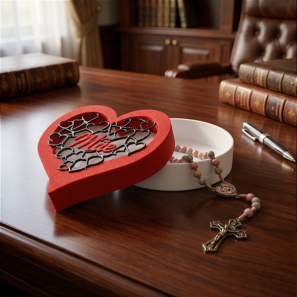 Kit Terço Contas Madeira 8mm com Cordão Rosa Claro Mãe de Todas as Mães e caixa presente ESPECIAL