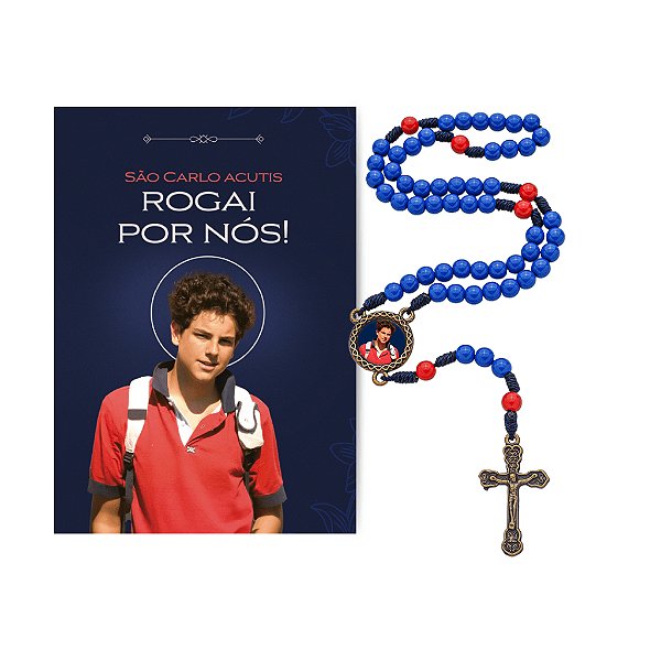 Terço Carlo Acutis Pérola Azul/Vermelho 6mm + Folheto