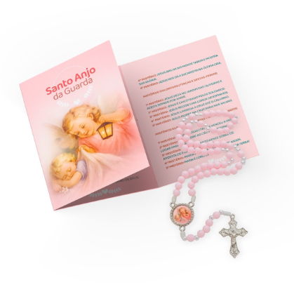 KIT TERÇO INFANTIL ANJO DA GUARDA (ROSA) + FOLHETO ORACIONAL DIDÁTICO
