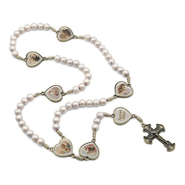 TERÇO SANTAS MÃES – MADEIRA 8MM + METAIS EM OURO VELHO + CORDÃO + RESINA (C/ FOLHETO)