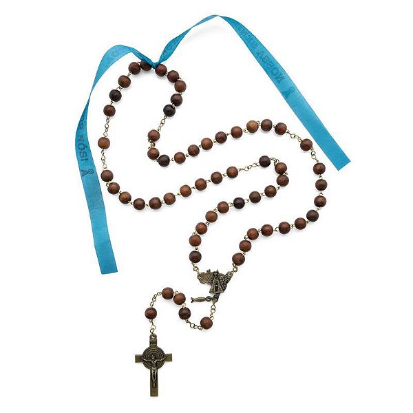 TERÇO DE MADEIRA 8MM CANELA – LATÃO / OURO VELHO (52 CM) + FITA DEVOÇÃO NOSSA SENHORA APARECIDA