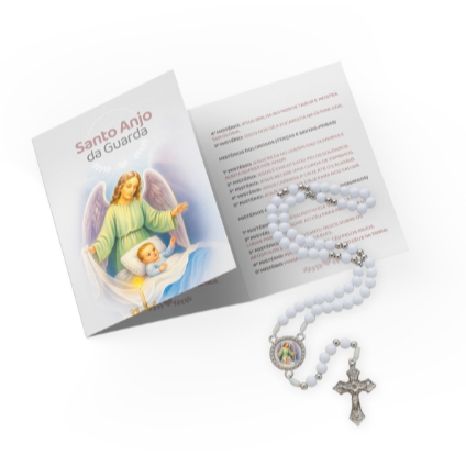 KIT TERÇO INFANTIL ANJO DA GUARDA (BRANCO) + FOLHETO ORACIONAL DIDÁTICO