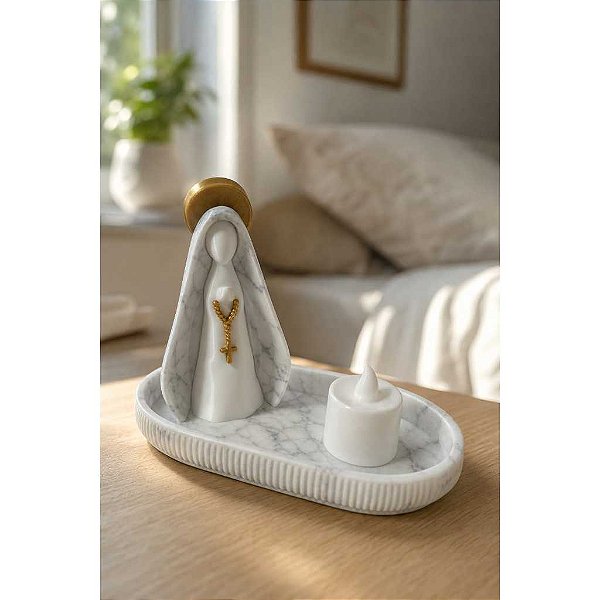 Kit Altar Moderno Nossa Senhora + Bandeja Porta-Terço e Vela de Led