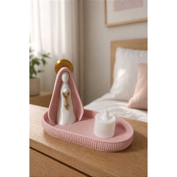 Kit Altar Moderno Nossa Senhora + Bandeja Porta-Terço e Vela de Led - Cor Rosa