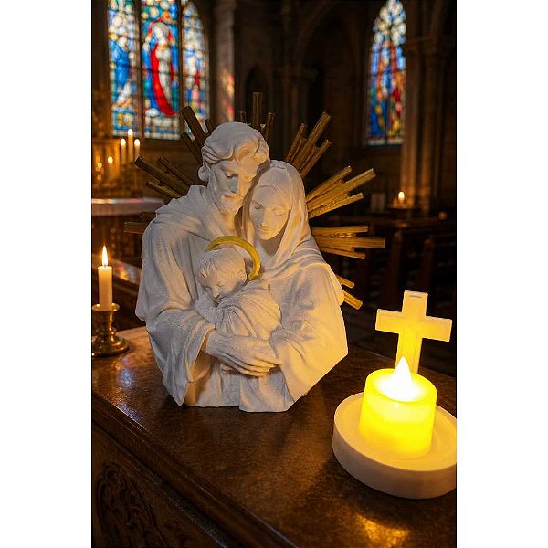 Kit Sagrada Familia com Crucifixo Iluminado - Escultura 3D e Vela de LED