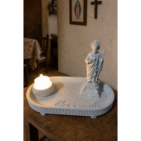 Conjunto Devocional São Judas - Ore e Confie - Bandeja, Imagem e Vela de LED
