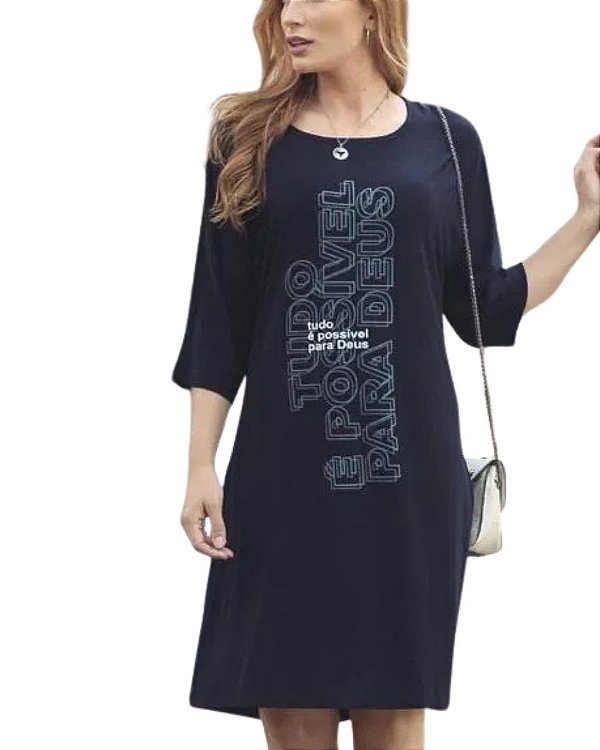 Vestido Preto em viscolycra estampado Tudo é Possível para Deus em verde de branco com mangas 3/4